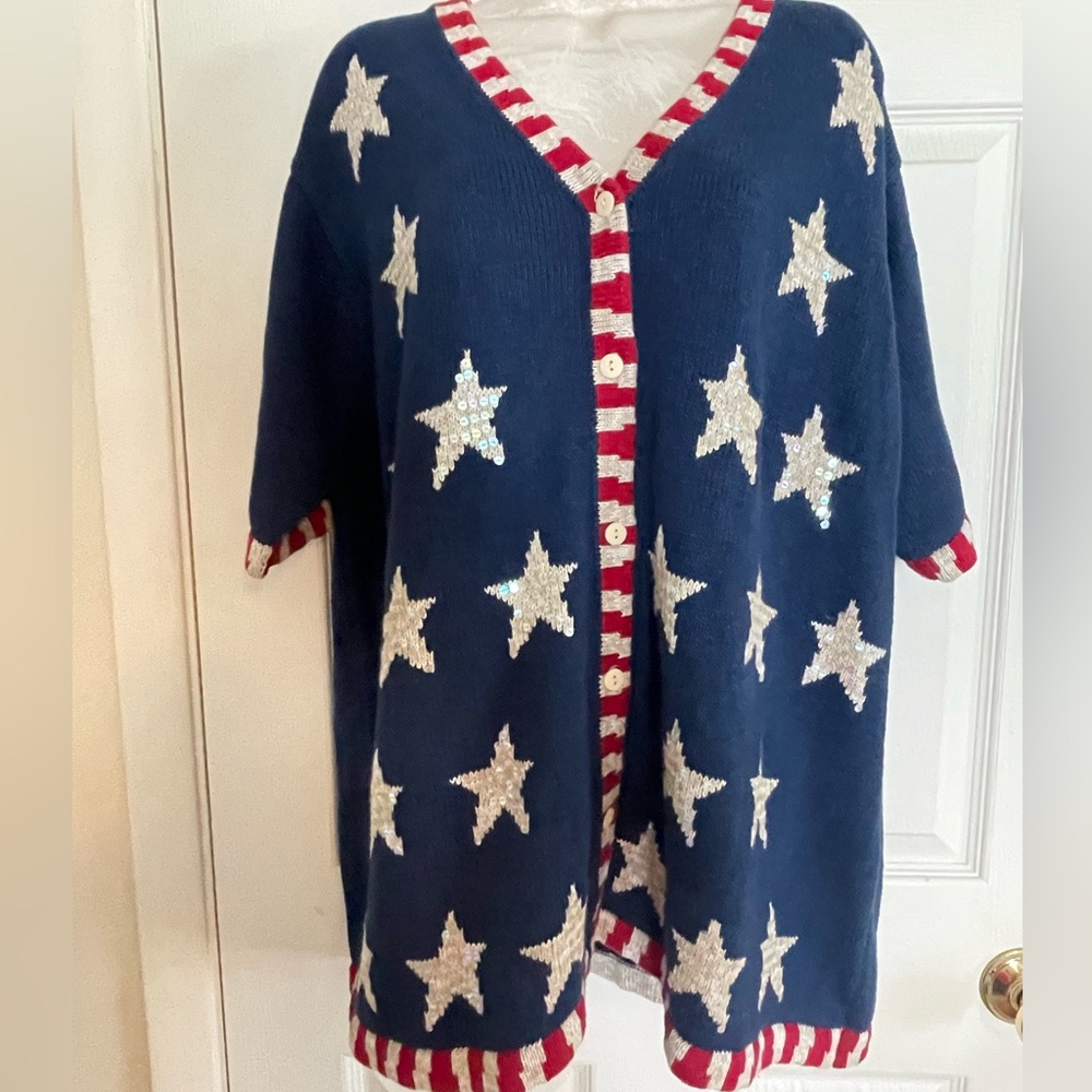Quacker Factory Navy Cardigan with Red and White Patriotic Accents
